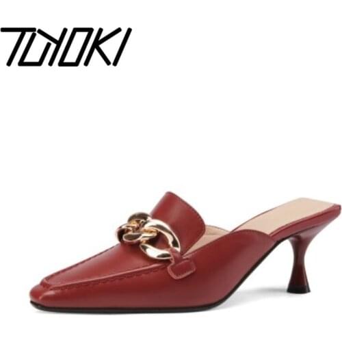 Tuyoki New Women High Heel Sandals Real Leather Metal Chain Women Shoes Fashion Party Shoes Women Footwear Size 34-39