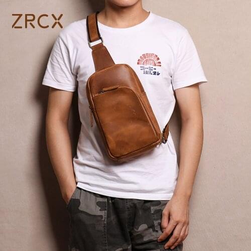 ZRCX Vintage Mens Shoulder Bag Genuine Leather Simple Chest Bag High Quality Small Crossbody Single Strap For 7.9 Inch iPad