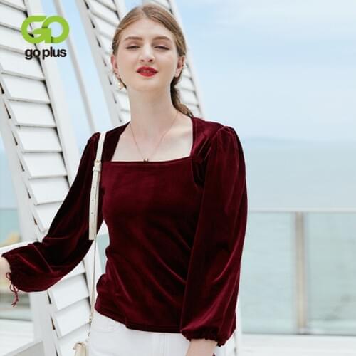 Autumn Winter Womans Tshirts Vintage Square Solid Neck Green Black Long Puff Sleeve Pleuche T Shirt Womens Tops Mujer Camisetas