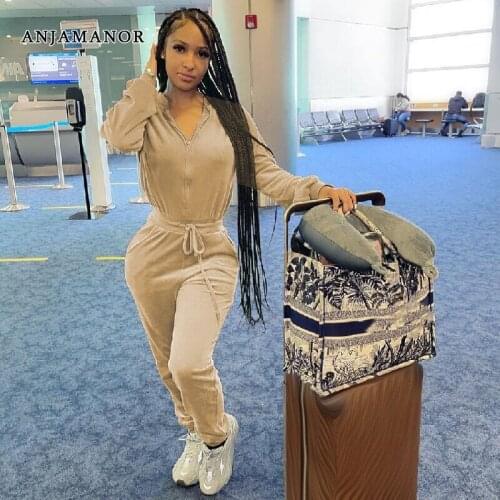 ANJAMANOR Sports Fitness Velvet Jumpsuit Woman Zipper Hooded Long Sleeve One Piece Outfits Fall Clothes for Women D21-DG51