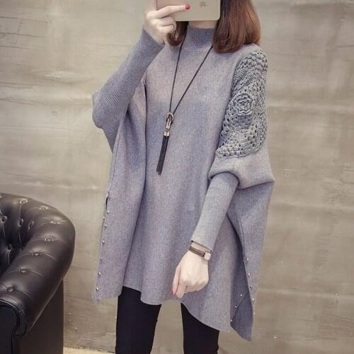 2021 Autumn And Winter New Loose Sweater Coat Womens Half-high Collar Pullover Wrap Swing Beading