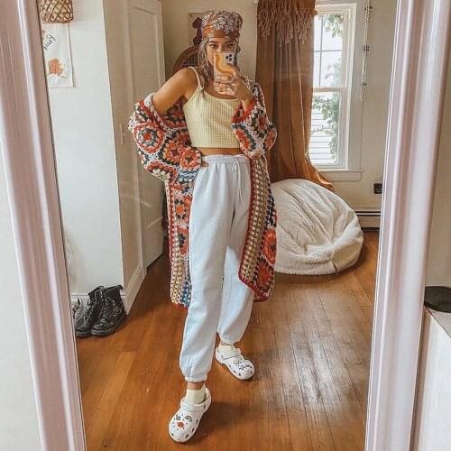 2021 Women High Quality Multicolor Hand Made Crochet Hooded Coat Female Vintage Fashion Bohemian Style Cardigan Sweater Coat