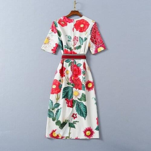 Summer Women Dress 2021 Runway Fashion Short Sleeve Flower Print Belt Elegant Split Slim Midi Dresses