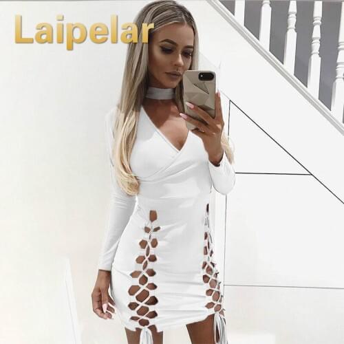 Women Sexy V Neck Bandage Dress Bodycon Lace Up Halter Long Sleeve Autumn Mini Dress Vestidos Skinny Party Nightclub Clothes