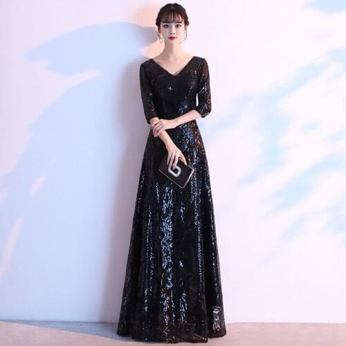 Sexy V-Neck Sequins Half Sleeve Zipper A-Line Evening Dress Wedding Formal Party Gown Robe De Soiree Vestido De Noche Cheongsam