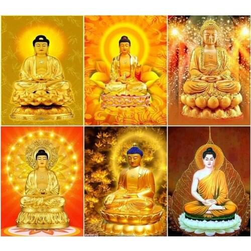 Golden Buddha Lotus Seat Diamond Embroidery Diy Diamond Decoration 5D Golden Light Full Square Round Rhinestone Buddhism Mosaic