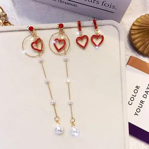 2021 Korean Fashion Simple Red Little Love Stud Earrings Long Pearl Tassel Earrings Peach Heart Female Earrings