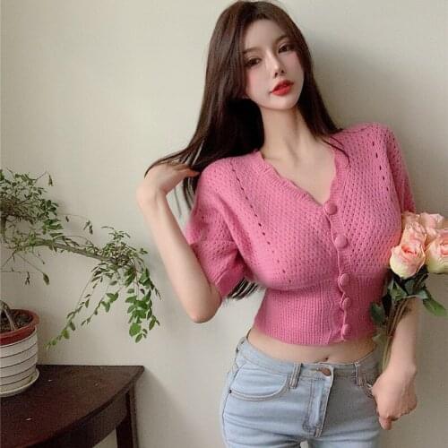 2021 Summer Knitted Crop Tops Sexy V-neck Korean Sweater T-Shirt Women Casual Jumper Tees Short Sleeve Hollow Out T Shirts T003