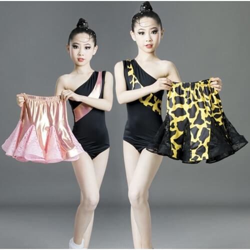 2021New Girls Fahion Latin Dance Skirt Ballroom Salsa Tango Skirts Kid Child Lace Latin Dance Split Dress With Leotard And Skirt