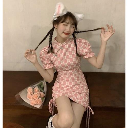 2021 chinese improved qipao dress puff sleeve sweet hot girl party dress stand-up collar bag hip bodycon sexy cheongsam dress