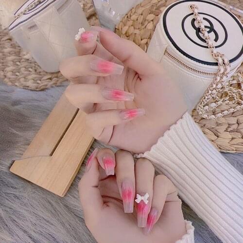 24pcs Blush False Nail Long French Press On Nails Bow Butterfly Pattern Nail Tips With Glue Nail Art Tools Dropshipping