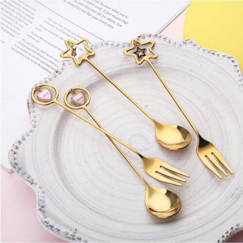 BalleenShiny Creative Stainless Steel Spoon Heart Shape Pendant Spoon Star Pendant Fork Coffee Stirring Fruit Ice Cream Spoon