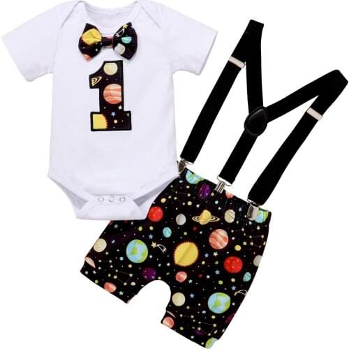 Baby Clothing Set One Year Outfits Infant Baby Boys Girls Star Romper+Bow Tie Suspender Shorts Birthday Outfits Set pour enfants
