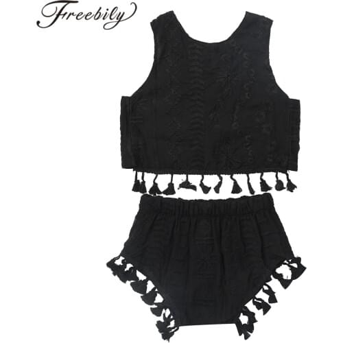 2Pcs Kids Suit Summer Girls Swimwear Round Neck Sleeveless Tassel Hem Tanks Top + Shorts Childrens Swimwear Fitness Sport Sets