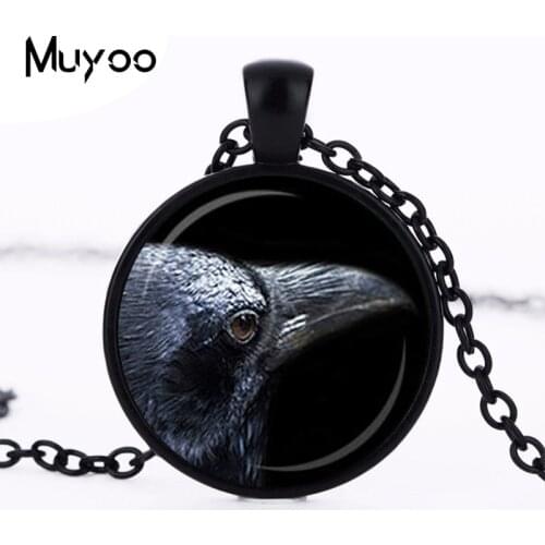 RAVEN PENDANT Black Raven Necklace Goth Jewelry Bird Necklace Steampunk Gift Black Gray Round Blue Crow Necklace Wizard HZ1