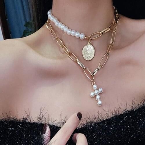 Fashion Imitation Pearls Choker Necklace Female Cross Pendant Necklaces for Women Gold Color Coin Jewelry collares de moda 2020