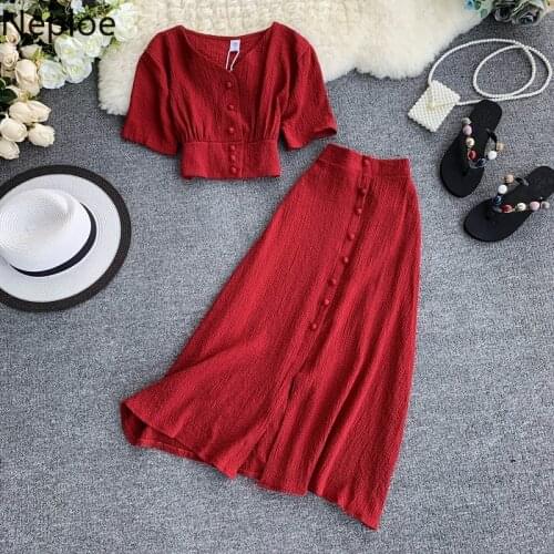 Neploe 2021 Fashion Red Suit Single Breasted Shirt Tops High Waist Slim Maxi Skirts Femme Roupas Korean 2 Piece Set Women 95497