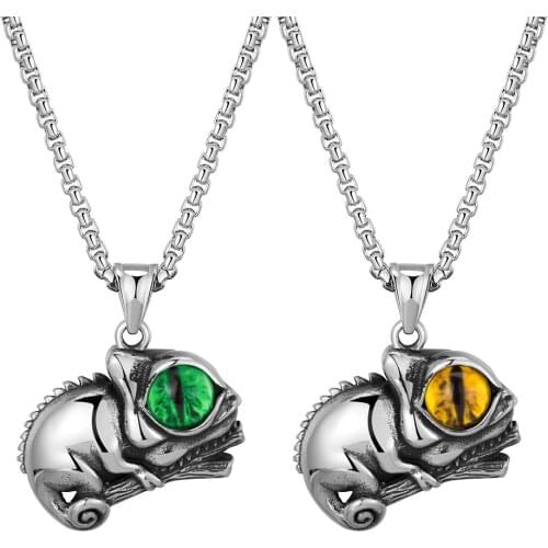 Stainless Steel Vintage Animal Lizard Pendant Necklace Green Yellow Eyes Lacertid Jewelry Necklaces Gift For Him