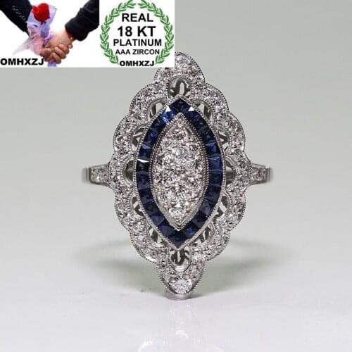 OMHXZJ Wholesale European Fashion Woman Man Party Wedding Gift Luxury White Blue Topaz AAA Zircon 18KT White Gold Ring RR660