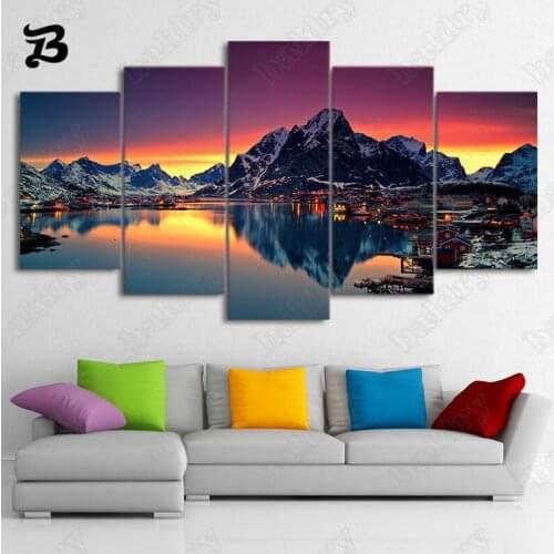 City Landscape Paris Canvas Painting 5 Pieces Lake and Mountain Scenery Canva Posters Prints Wall Pictures for Living Room Decor