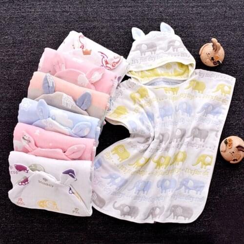 60x60cm Baby Bath Towel 6 Layers Cotton Gauze Hooded Kids Cape Poncho Cartoon Printed Breathable Ultra Absorbent Infant Blanket