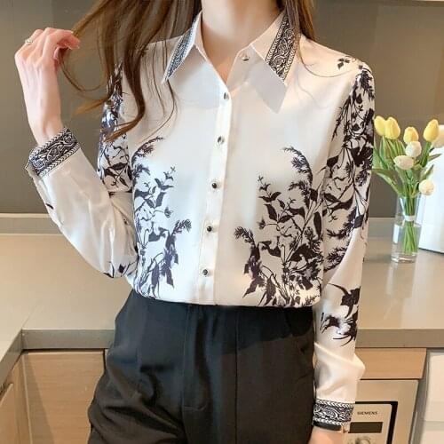 Retro Hong Kong Ink Flower Shirt Womens Autumn 2021 New Chiffon Long Sleeve Top Korean Fashion Design Shirt