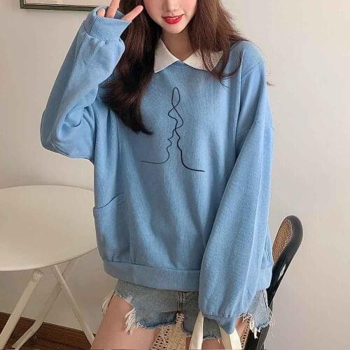 Sweatshirt Women Vintage Japanese Fashion Harajuku Line Art Printing Streetwear Women Korean Style Sweet Graphic Long Sleeve