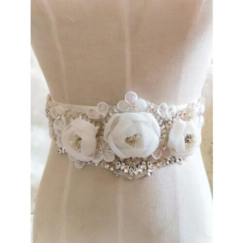 Gorgeous Rhinestone Crystal Applique With 3D Chiffon Flowers For Bridal Accessories Wedding Dress Sash Haute Couture Costume