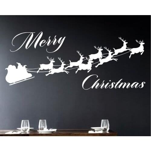 Merry Christmas Wall Decal Sticker Group Of Running Reindeer With Santa Carriage Home Decor Living Room Decal Window Sticker S29