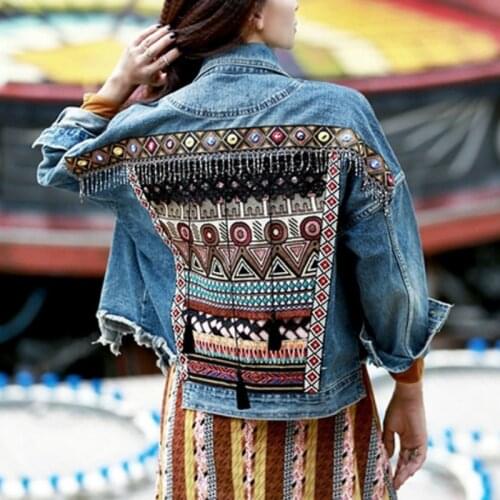 AYUALIN long sleeve fringe Denim jacket autumn 2020 vintage ethnic appliques Embroidery tassel loose coat Outerwear jacket women