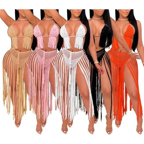 Women Beach Wear Halterneck Bikini + Briefs Long Tassel Decoration Hand-knitted Crochet Summer Clothing Bikinis Set Swimwear