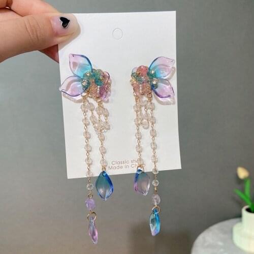 MENGJIQIAO New Korean Elegant Blue Purple Flower Long Tassel Drop Earrings For Women Girls Sweet Butterfly Pendientes Jewelry