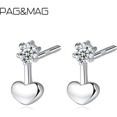PAG&MAG Genuine 925 Sterling Silver Heart Clear Zircon Stud Earrings For Women Solid 925 Silver Fashion Jewelry Gifts SE0285
