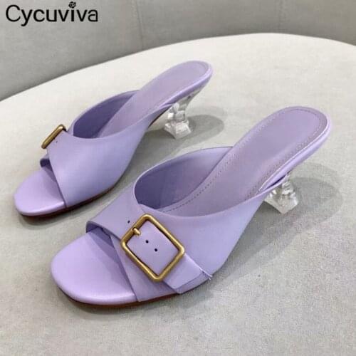 2021 Summer High Heels Women Slippers Peep Toe Metal Buckle Mules Designer Strange Heels Slides Ladies Runway Party Dress Shoes