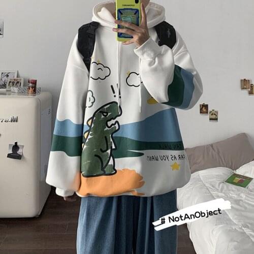 Winter Woman Cartoon Dinosaur Print Pullover Long Sleeve Fleece Hooded Sweatshirt Loose Hoodie Unisex Autumn Hip Pop Plus Size