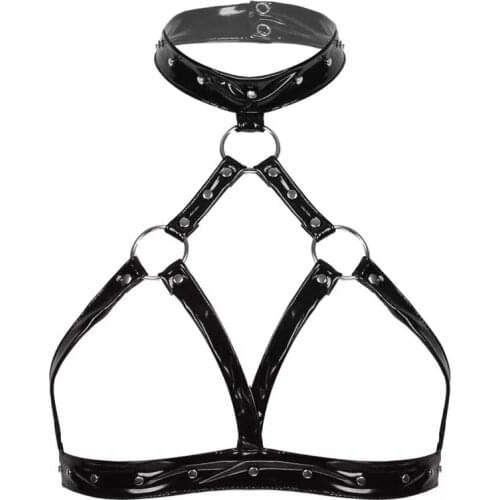 Women Sexy Open Up Wetlook Leather Bra Exposing Erotic Glossy Latex Halter Neck Tops Metal Rivets Adjustable Porn Tops Breast