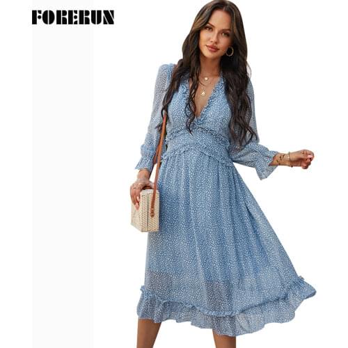 FORERUN Women Ruffle Long Dress Sexy Deep V Neck Three Quater Sleeve Chiffon Elegant Robe Femme Vestido De Mujer