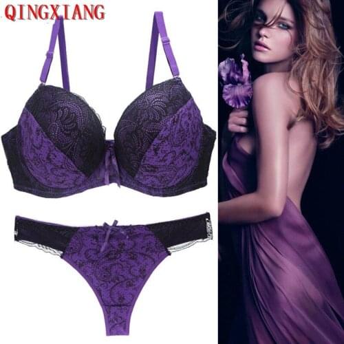 2020 Plus Size Women E Cup Black Purple Underwear Set Cute Beautiful Flowers Lace Bra Set Sexy VS Push Up Bra Brassiere + Panty