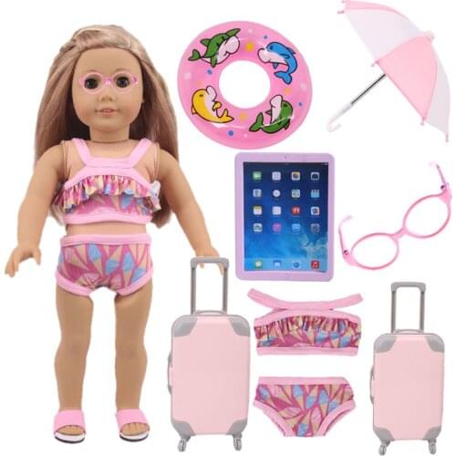Doll Accessories 43cm Reborn Baby Doll Swimming Suit, 1set=Umbrella+Glasses+Swimming Ring+ Tablet PC + Swimsuit + Luggage Box
