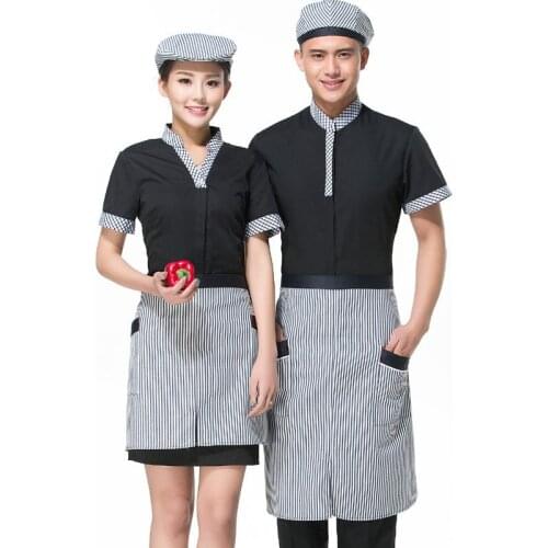 Free Shipping Hotel Workwear 2018 Summer Hot Pot Waitress Uniform+Apron Set Restaurant Teahouse Work Shirt+Split Apron Wholesale