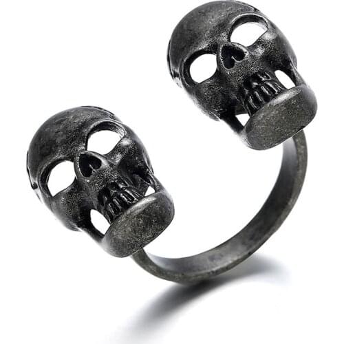 Harong Double Skull Ring Gothic Jewelry Halloween Party Skeleton Biker Ring Motorcycle Band jewellery Adjustable Ring Women Gift