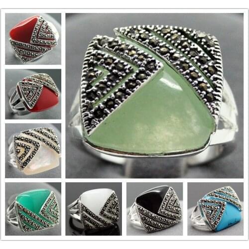 5 color 14X15mm Inlay Gem Marcasite 925 Sterling Silver Jewelry Ring Sz 7/8/9/10