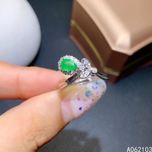 KJJEAXCMY fine jewelry 925 sterling silver inlaid natural emerald Womens elegant fresh ol style water drop plant gem ring suppo