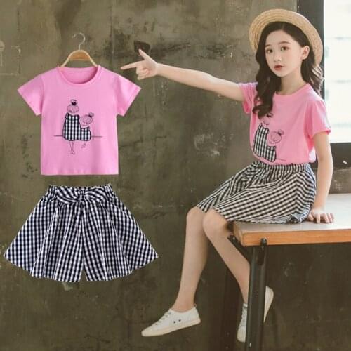 Girls Summer Clothes Letter Tshirt + Skirt Girls Outfits Bow Clothes Girl Plaid Pattern Costumes For Children