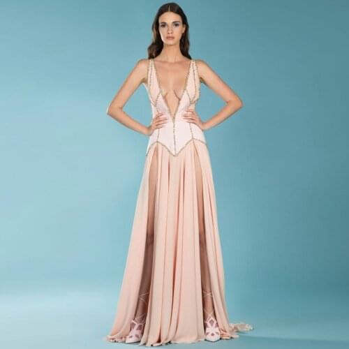 Lovely Beading Front Slit Ruffle Bandage Dress Vestidos New Arrival Sleeveless Chiffon Patchwork V Neck Elegant Women Maxi Dress