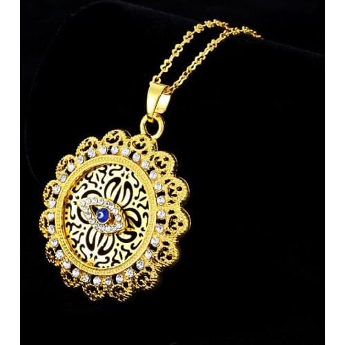 Muslim Middle Eastern Islamic Men and Women Necklace Sun Flower Openwork Lace Inlay Crystal Devil Eye Pendant Necklace