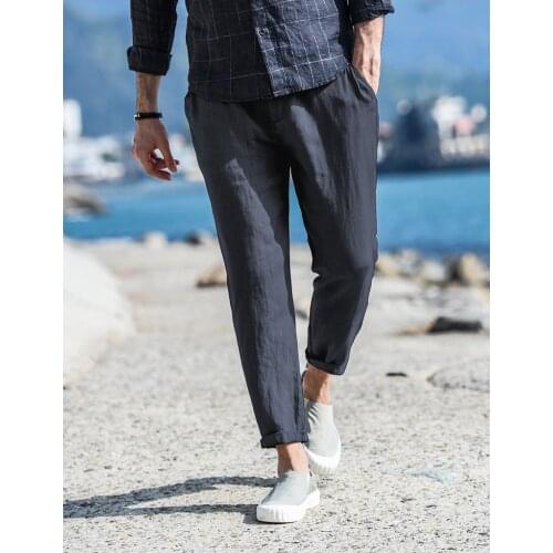 Obrix Male Linen Casual Shortened Pants Mid Waist European American Style Basic Light Summer Minimalist Pants For Men