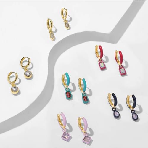 2021 New Design Geometric Pendant Crystal Earrings for Women Sweet Cute Enamel Small Circle Hoop Earrings Female Huggie Jewelry