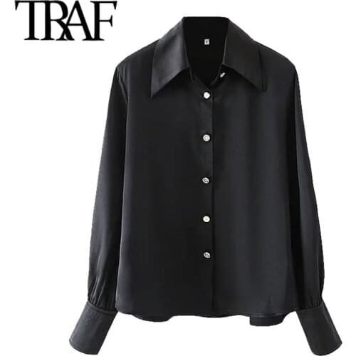 TRAF Women Fashion With Metal Buttons Black Blouses Vintage Long Sleeve Button-up Female Shirts Blusas Chic Tops