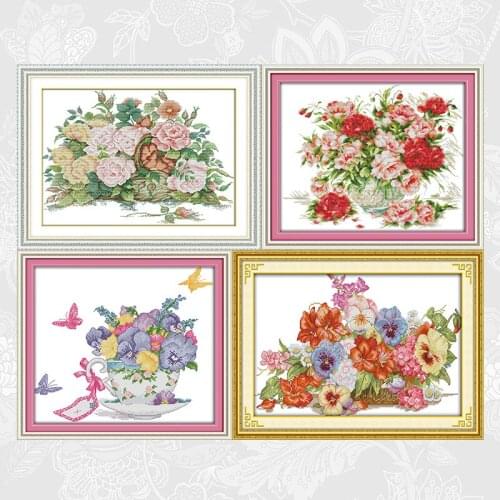 The Gorgeous Flower Basket Cross Stitch Kits Printed Canvas DMC Embroidery Sets Rose Oil Painting DIY Handmade Needlework Crafts